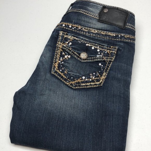 VINTAGE SILVER SUKI MID SLIM JEANS 28x31 SEQUINS & FAUX FLAP 😎